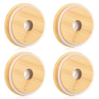 Imagem de Tampas de bambu para copos de vidro com furo de palha, tampas de madeira reutilizáveis, tampa de substituição de tampa de madeira para jarra de pedreiro, boca regular, copos de cerveja, potes de