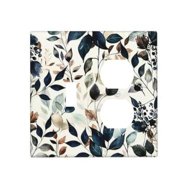 Imagem de BHGAHD Capas de tomada decorativas com folhas de eucalipto salpicadas de tinta, design de placa de parede de 2 grupos, interruptor de luz duplex, combo de interruptor para quarto, decoração de casa