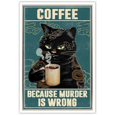 Imagem de Arte engraçada de parede de gato preto bebendo café tatuagem de gato café porque assassinato é errado pôster em tela animal amantes de café impressão pintura para sala de estar cozinha café decoração