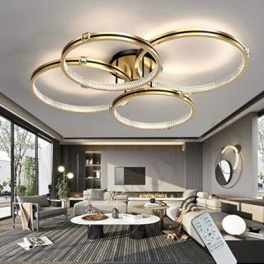 Imagem de Luminária de teto LED dimerizável com anel dourado e controle remoto, ideal para sala de estar, quarto ou escritório (Dourada, 4 chamas, 105 cm de comprimento).