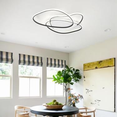 Imagem de Luminária de teto LED moderna para sala de estar, preta, com formato de anel irregular, controle remoto, dimerizável (3000K-6000K), ideal para ambientes internos como restaurantes, clubes e