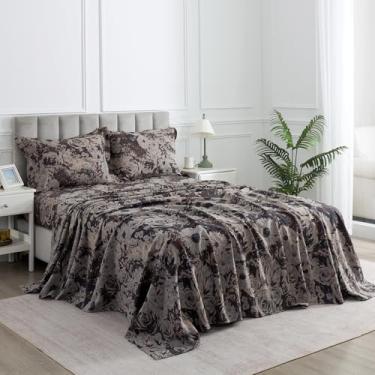 Imagem de Puralens Jogo de lençol Queen, musselina floral marrom, margarida, rosa, chique, macio, com bolso profundo, flores escuras, luxuoso, vintage, roupa de cama de designer de casa de campo, 100% algodão