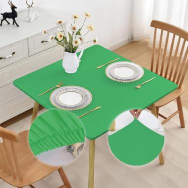 Imagem de Toalha de mesa verde para uso ao ar livre, pequena, quadrada, elástica, 96 x 96 cm, capa de mesa elástica com tecido elastano, sem rugas, antiderrapante, lavável para cozinha, jantar, pátio, festa