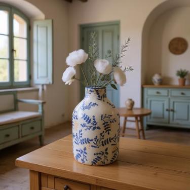 Imagem de Yokiiimakiii Vaso de cerâmica vintage azul e branco, vaso de flores chinoiserie de 24 cm, decoração de flores de fazenda rústica francesa para manto, sala de estar, prateleira de mesa