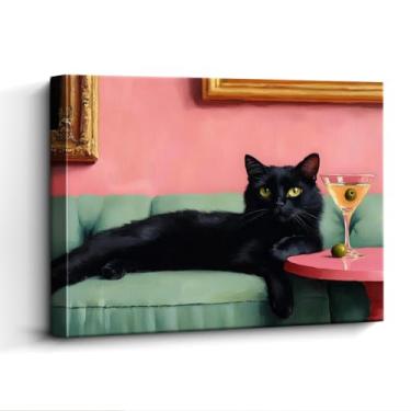 Imagem de WOXZQ Arte de parede de gato preto – Retrato de gato moderno de 38 x 30 cm no sofá com Martini – Impressão laminada de papel sem moldura para quarto, sala de estar ou escritório – exibição de mesa e