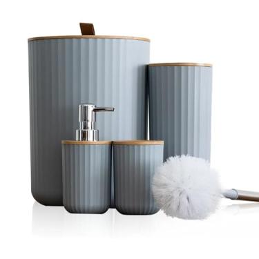 Imagem de Conjunto de Banheiro 4 Peças Lixeira 6,5L Grafiato em Plástico PP com Tampa de Bambu (Cinza)