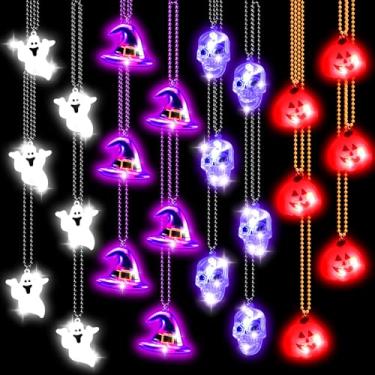 Imagem de Lenwen 24 Pcs Halloween Light Up Bead Necklaces Pumpkin Witch Hat Spooky Skull LED Necklaces Halloween Party Favors for Kid Trick Treats Gift Bag Fillers Halloween Eve Costume Party Accessories