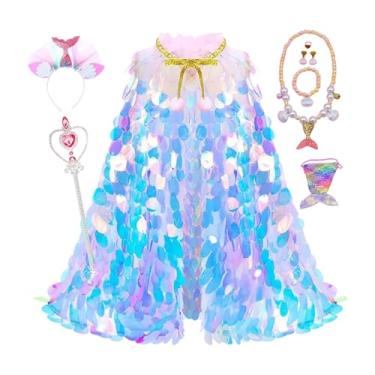 Imagem de Vestido de sereia | Conjunto de manto de lantejoulas de sereia - fantasia extravagante, fantasia de lantejoulas brilhantes iridescentes para meninas de 3 a 8 anos