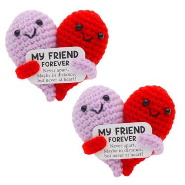 Imagem de Tcwhniev 2 Pcs Funny Crochet Heart Gifts for My Forever Best Friend, Emotional Support Plush Creative Crochet Heart with Motivational Card, Portable Emotional Support Crochet for Women Men Girl Boy