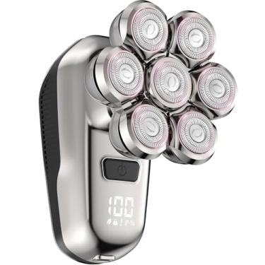 Imagem de Barbeador de cabeça para homens - 7 cabeças flutuantes, destacável magnético, barbeador rotativo à prova d'água IPX6, bateria de 1400 mAh com tela de LED, barbeador elétrico de 8500 RPM para cabeças