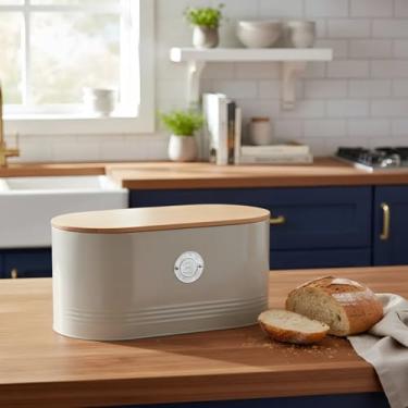 Imagem de Porta Pão em Metal Creme com Tampa de Bambu, 33,8 x 18 x 15,5 cm, Armazenamento de Pães, Design Moderno