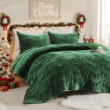 Imagem de SHALALA Conjunto de edredom de veludo luxuoso, tamanho Queen, ultramacio, leve, de veludo, colcha de cama grande com 2 fronhas geométricas, para todas as estações (verde, Queen)