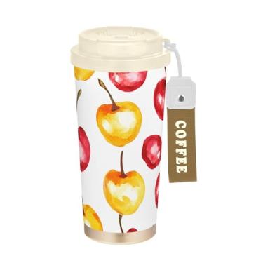 Imagem de SEHANY Caneca de viagem de cereja fofa de 482 g Copos de café reutilizáveis revestidos de cerâmica com tampa à prova de vazamento, parede dupla, isolamento a vácuo, copo de café de aço inoxidável para