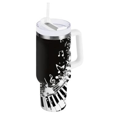 Imagem de Blueangle Copo isolado de 1,134 g com alça e tampa de canudo - Caneca de viagem de aço inoxidável à prova de vazamento, teclas de piano a vácuo de parede dupla, notas musicais, garrafa de água (569)