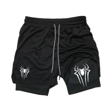 Imagem de Shorts Esportivos Masculinos Com Estampa De Aranha, Compressão 2 Em 1,