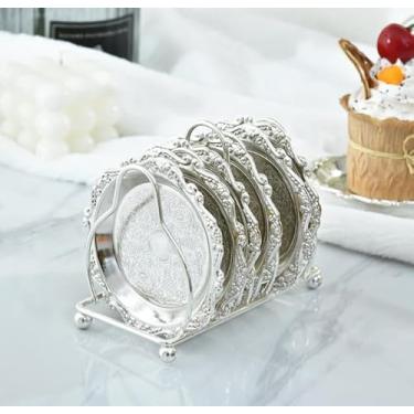 Imagem de Primst 4 bandejas prateadas para servir – Bandejas de metal redondas vintage com gravação floral de 20 cm, travessas decorativas para uísque, charcutaria, biscoitos, lanches e exibição de comida de