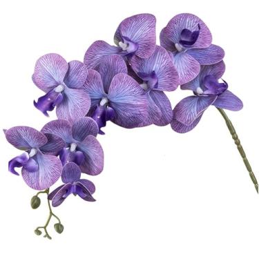 Imagem de Orquídea sintética de toque real de 94 cm de baixa manutenção, 9 flores, haste única, 2 peças de spray artificial para decoração de casa, casamento, escritório (roxo)