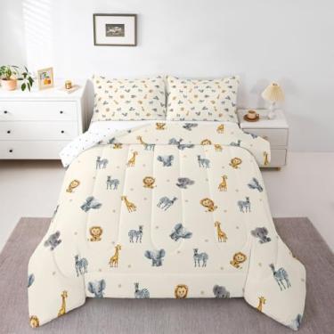 Imagem de jejeloiu Jogo de cama solteiro com estampa de animais engraçados Kawaii, girafa e zebra, desenho animado, elefante, leão, amarelo, cinza, para decoração de quarto, microfibra, 2 peças com 1 fronha