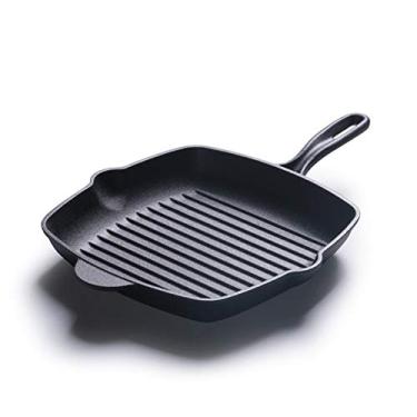 Imagem de YYBOES Frigideira quadrada de ferro fundido, frigideira quadrada sem gordura e fogões elétricos, fritadeira, bife, churrasco, frigideira, preta