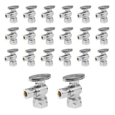 Imagem de Pacote com 20 válvulas de parada angular, válvula de ângulo de giro de 1/4, tubo de ferro FIP de 1/5.1 cm x válvula de fechamento de pia de ângulo de compressão OD de 3/20.3 cm, latão cromado sem