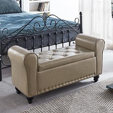 Imagem de FAMEOYA Banco otomano de armazenamento armado de couro PU, banco de armazenamento de braço enrolado, moderno banco de cama tufado, banco de entrada de sapatos, banco de sofá de madeira - cinza 100 x