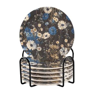 Imagem de Qilmy Conjunto de 6 peças para copos de flores de margaridas bonitas ou porta-copos de bar para bebidas, porta-copos de fazenda ou porta-copos de mesa rústicos, porta-copos modernos de algodão para o