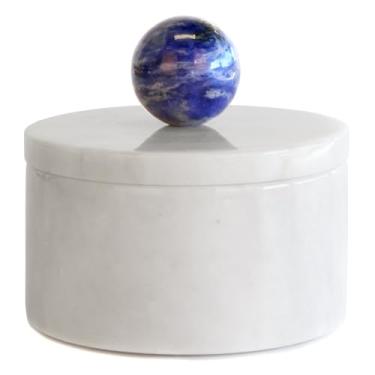 Imagem de Homestia Saleiro de mármore com tampa Recipiente de sal branco de 10 cm com botão de pedra preciosa natural azul, suporte de sal de pedra para balcão, pote de especiarias e pote de sal