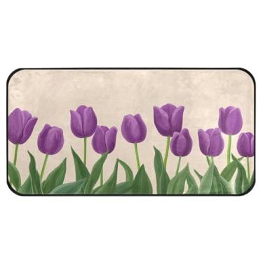 Imagem de Burbuja Tapete de cozinha roxo tulipas 51 x 99 cm, tapete lavável antiderrapante com suporte de borracha, tapete para cozinha, sala de estar, banheiro, decoração de casa