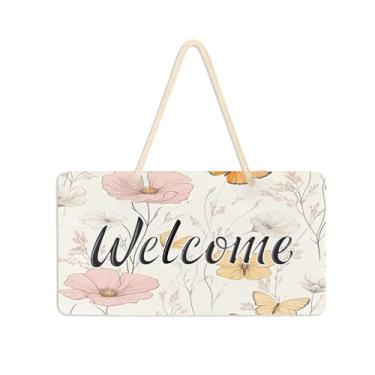 Imagem de Burbuja Placa de boas-vindas de flores amarelas rosa para porta da frente, placa de boas-vindas de PVC para decoração de férias, 15 x 28 cm