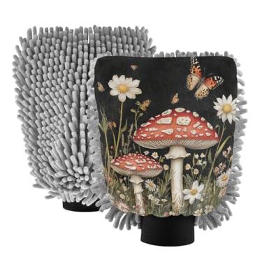 Imagem de STAYTOP Luvas de lavagem de carro para cogumelos e margaridas borboletas, 2 peças, luvas de microfibra de chenille, sem arranhões, panos de esponja de lavagem ultra absorventes para carros, limpeza