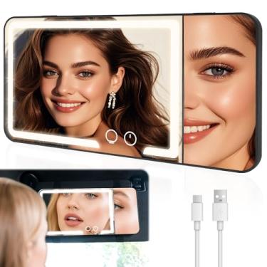 Imagem de Espelho de maquiagem para carro com luzes de LED para viseira solar, 3 cores, espelho de maquiagem com escurecimento, tela sensível ao toque, recarregável, universal, acessórios de carro para mulheres