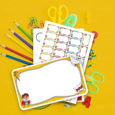 Imagem de Kit Etiquetas Escolares Tema Herói 02 sem personalização para identificar cadernos, livros, estojos e mochilas