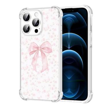 Imagem de Vulfwela Capa para iPhone 12 Pro Max de 16,7 cm com laço rosa, linda estampa de flores estéticas rosadas, capa de telefone transparente para mulheres e meninas, antiamarelamento, antiqueda, à prova de