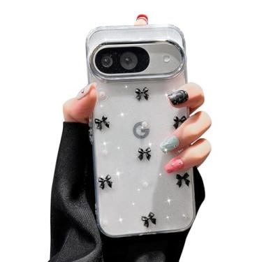 Imagem de EYZUTAK Capa para Google Pixel 7, capa de telefone com laço 3D com glitter fofo e brilhante laço transparente capa protetora fina macia durável TPU transparente para mulheres - laço preto
