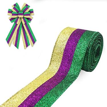 Imagem de Fita de tecido Mardi Gras 6 cm x 10 metros fitas de borda com fio glitter amarelo roxo verde listrado para grinaldas carnaval baile de máscaras faça você mesmo artesanato presentes decoração de festa