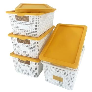Imagem de NUMIFUN Cestos de armazenamento de plástico com tampas de travamento – Cestas de armazenamento empilháveis com tampas para despensa, armário, quarto e prateleiras | Caixa de organização durável para