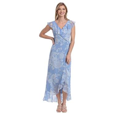 Imagem de London Times Vestido longo feminino de chiffon com babados e babados para convidadas de casamento, Dellarobia azul/branco macio, 48