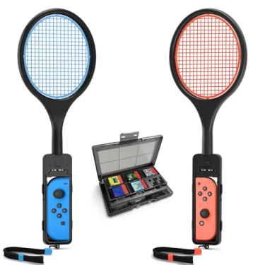 Imagem de Raquete de tênis para Nintendo Switch Joy-Con, acessórios de jogo Tendak para o jogo Mario Tennis Aces com caixa de cartão de jogo 12 em 1 (2 pacotes, preta)