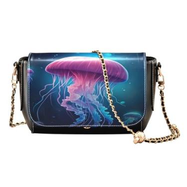 Imagem de Bolsa de couro feita à mão com zíper para arte natalina, bolsas de couro transversais para mulheres, Água-viva azul no oceano com luzes neon - 1, One Size