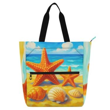 Imagem de GAIGEO Bolsa feminina Starfish Seashells Sandy Beach para trabalho de lona com zíper bolsa de praia feminina infantil para amantes de livros