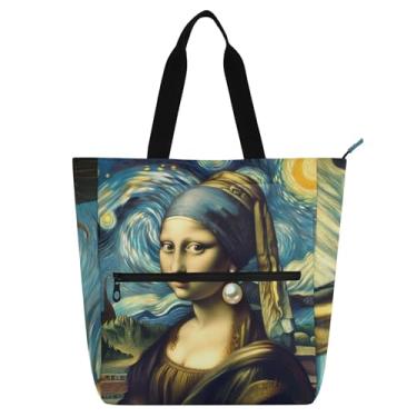 Imagem de GAIGEO Mona Lisa Brinco Starry Night Art Tote Bag para mulheres crianças amantes de livros com zíper, bolsa utilitária de viagem para trabalho escolar