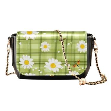Imagem de GAIGEO Bolsas de couro transversais coloridas estilo abstrato mosaico, bolsas transversais para mulheres, bolsa de ombro a tiracolo, Margaridas e insetos em um verde - 1, One Size
