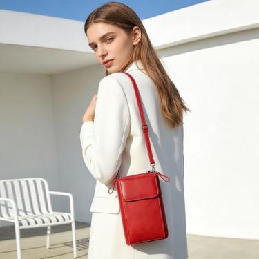 Imagem de Bolsas pequenas transversais femininas para celular, carteira com bloqueio de RFID e compartimentos para cartão de crédito vermelha
