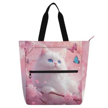Imagem de GAIGEO Sacola rosa de gato flor de cerejeira para crianças e mulheres, bolsa de livros com zíper, resistente à água, escola, trabalho, viagens