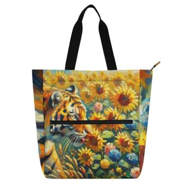 Imagem de GAIGEO Bolsa feminina de pintura de girassóis de tigre bolsa de trabalho de lona com zíper bolsa de praia para professores amantes de livros