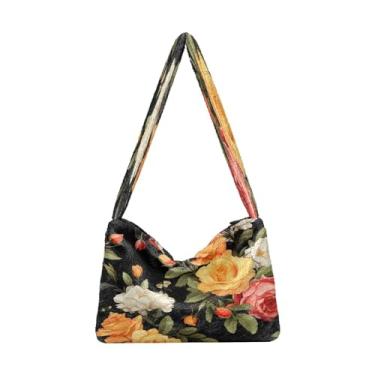 Imagem de Bolsa de ombro feminina preta com flores laranja e rosa, bolsa de mão com zíper, bolsas de outono, Flor colorida de rosas laranja e amarelas - 3, One Size