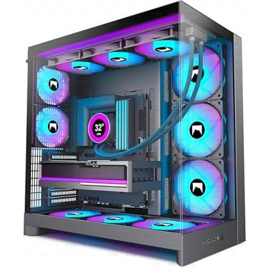 Imagem de HYXN Capa para PC H2 (2026) HYXN ATX – 8 ventoinhas PWM ARGB pré-instaladas (6 x 140 mm e 2 x 120 mm), caixa grande para PC para jogos com fluxo de ar de torre média ATX de câmara dupla, suporte de