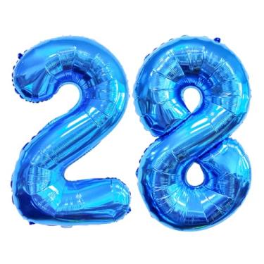 Imagem de GFIURNJVVBJH Balão de alumínio com 28 números, número 81 cm, balão gigante para decoração de festa de aniversário de 28 anos, casamento, formatura, celebração, festa, azul, 28