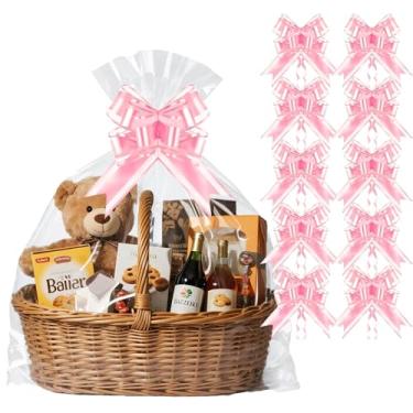 Imagem de PigPotParty 10 sacos de reforço inferior, sacos de guloseimas transparentes de celofane para cesta com laço de fita (laço rosa, 76 x 101 cm)