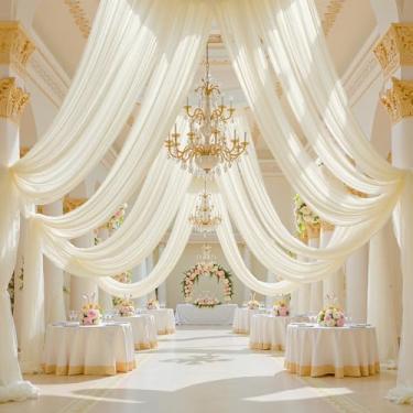 Imagem de Cortinas de teto marfim para casamento, 6 painéis, 1,5 m x 6 m, tecido transparente com bolso para pendurar, cortina de teto marfim adequada para decoração de palco de casamento arco aniversário chá
